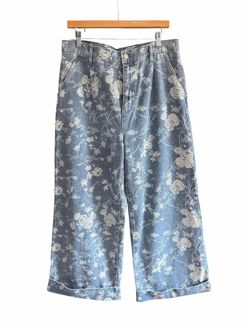 PILCRO The Leon Double Hem High-Rise Wide-Leg Cuffed Jeans Floral 30 - Picture 5 of 15